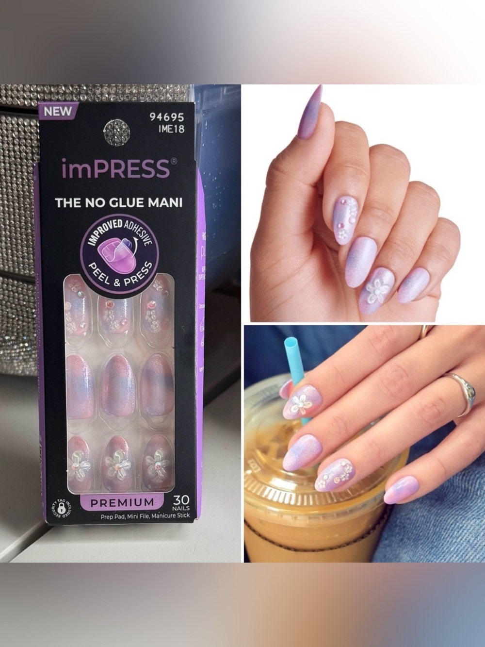 imPRESS Premium Press On Nails Pink Purple Floral Medium Almond Pick Me First